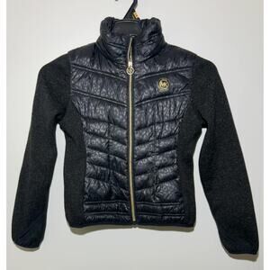 MICHAEL KORS Black Puffer Jacket Gold Zipper Logo Thumb Hole Girls 10/12